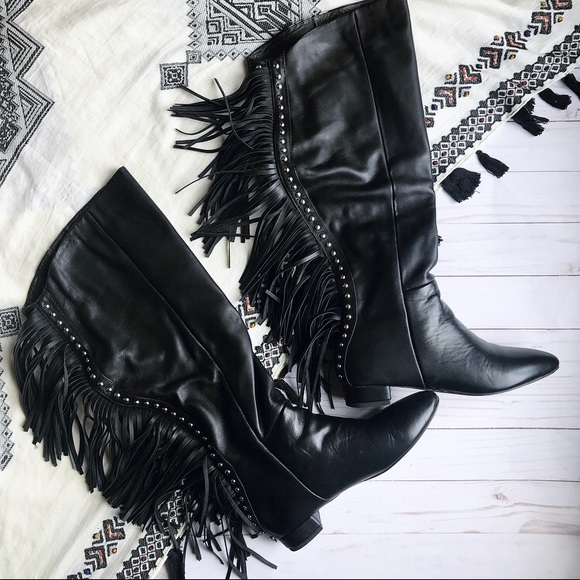 Knee High Western Fringe Moto Boots - Picture 1 of 5
